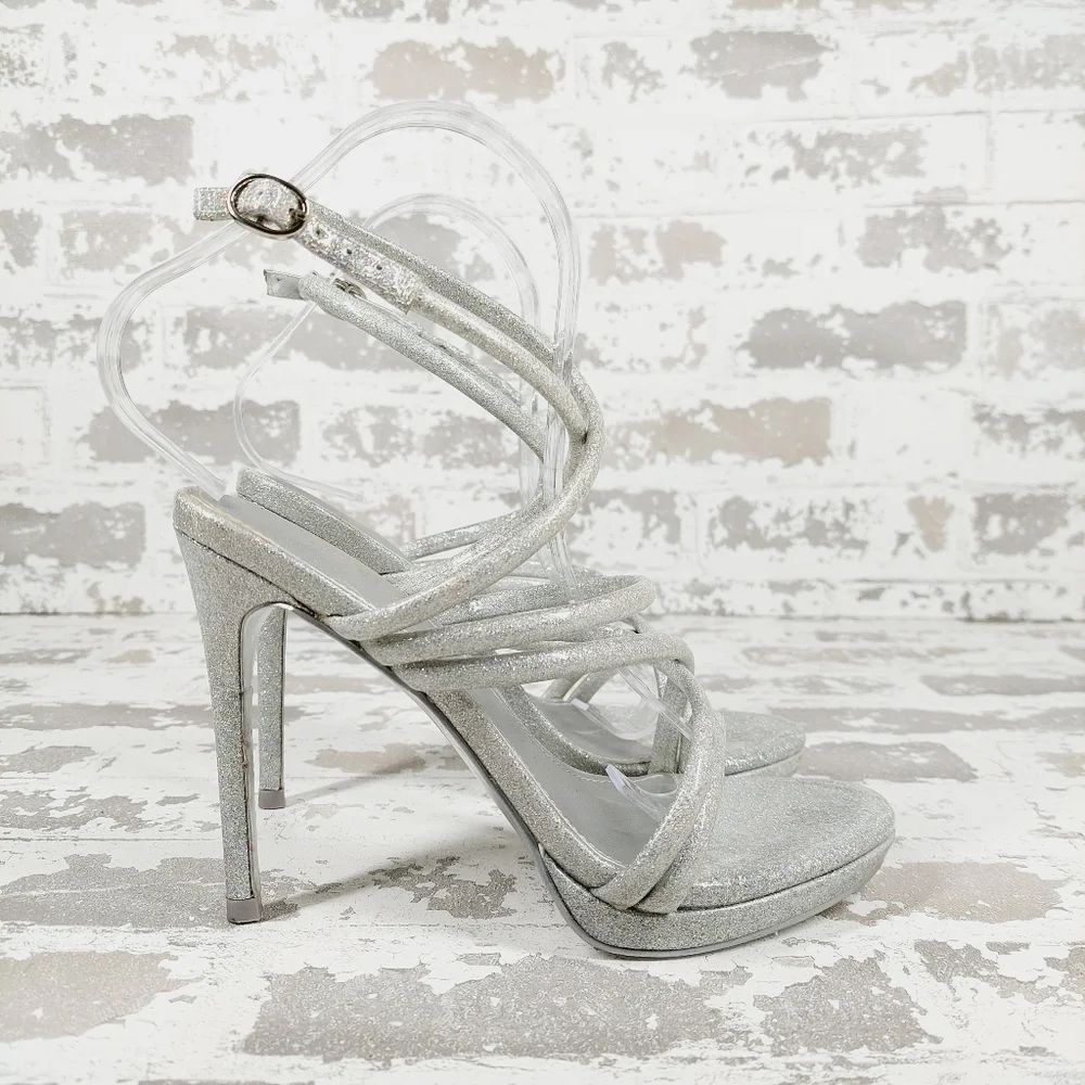 Nine West Loo May Strappy Stiletto In Silver Evening Buckle Strap Sandals O296